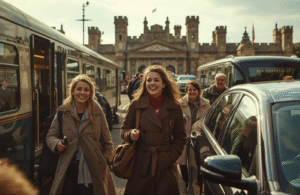 Smiling travelers walking toward the historic entrance of Hampton Court Palace with a train, a bus, and a private car in view, illustrating different ways to get to the palace
