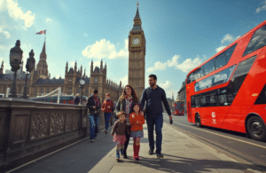 A happy family walking across Westminster Bridge with Big Ben and a red double-decker bus in the background while exploring London.