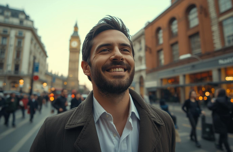 A smiling solo traveler exploring Central London near Big Ben, illustrating the best things to do alone in London.
